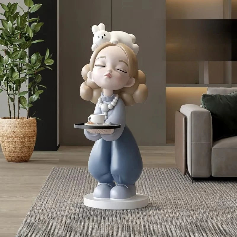 statue cartoon fille rose bleu beige smooth matte étagère décoration chambre ado assiette gobelet