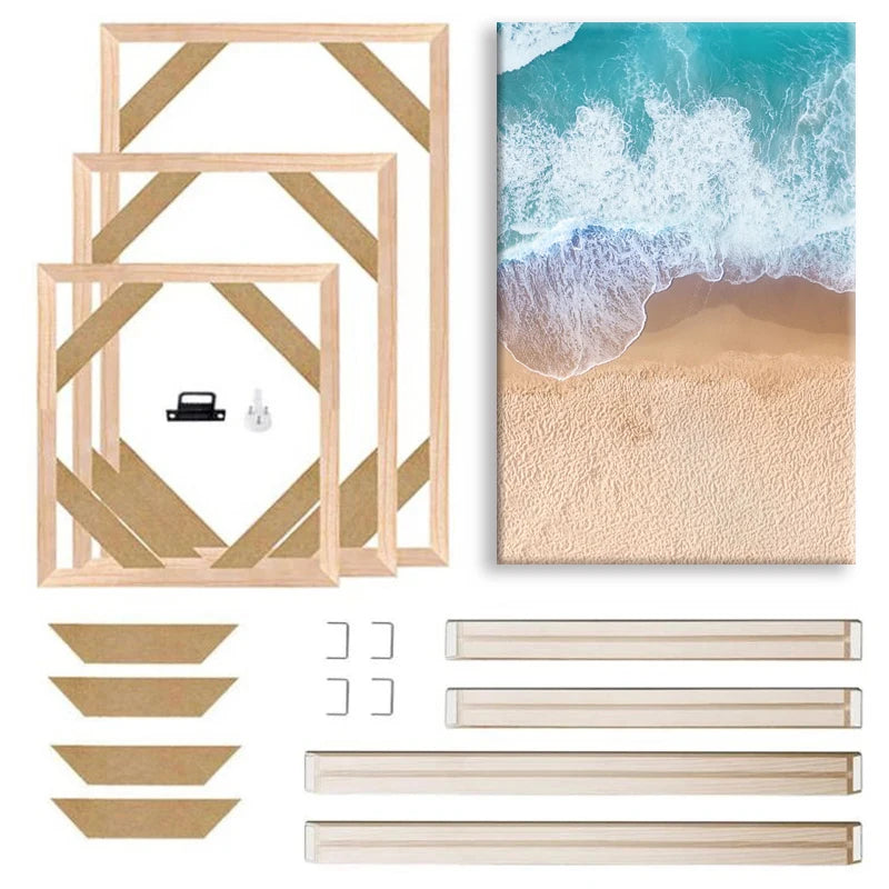 cadre mural bois naturel moderne minimaliste clips adhésifs toile blanche blanc bleu kit crochets
