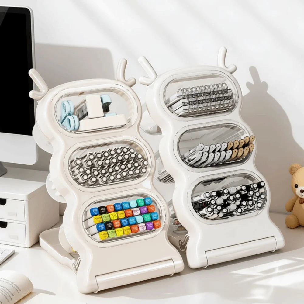 organisateur multinefs renne blanc beige compartiments transparents stylos crayons feutres ciseaux rangement multifonctionnel