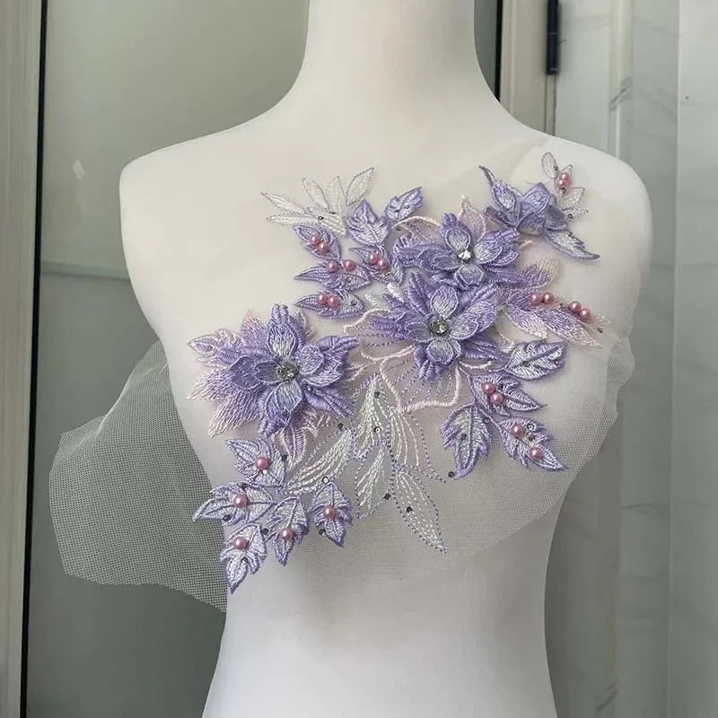 applique textile fleurs brodées strass violet rose noir 30x21cm coudre écolomanuelfait