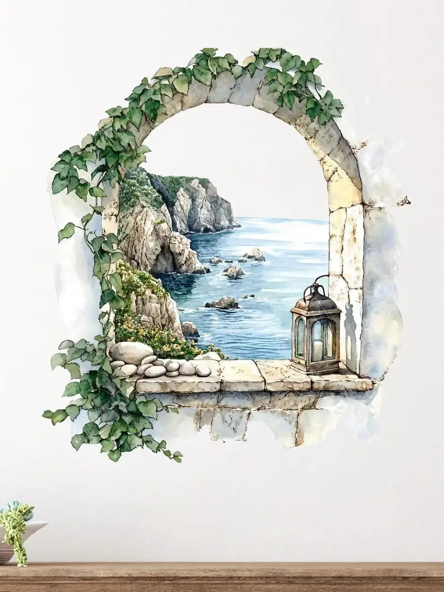 sticker mural paysage marin lanterne végétation grimpante adhésif salon chambre coucher vert blanc gris