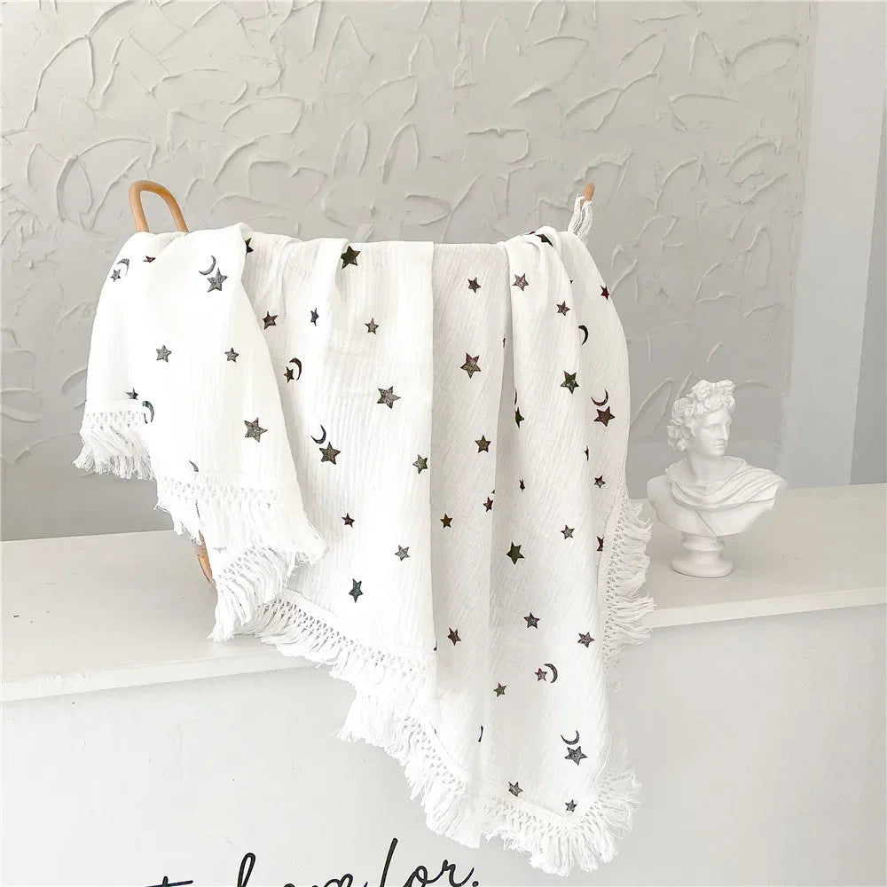 couverture bébé coton rayures pois étoiles lunes fleurs blanc beige rose gris franges anneaux