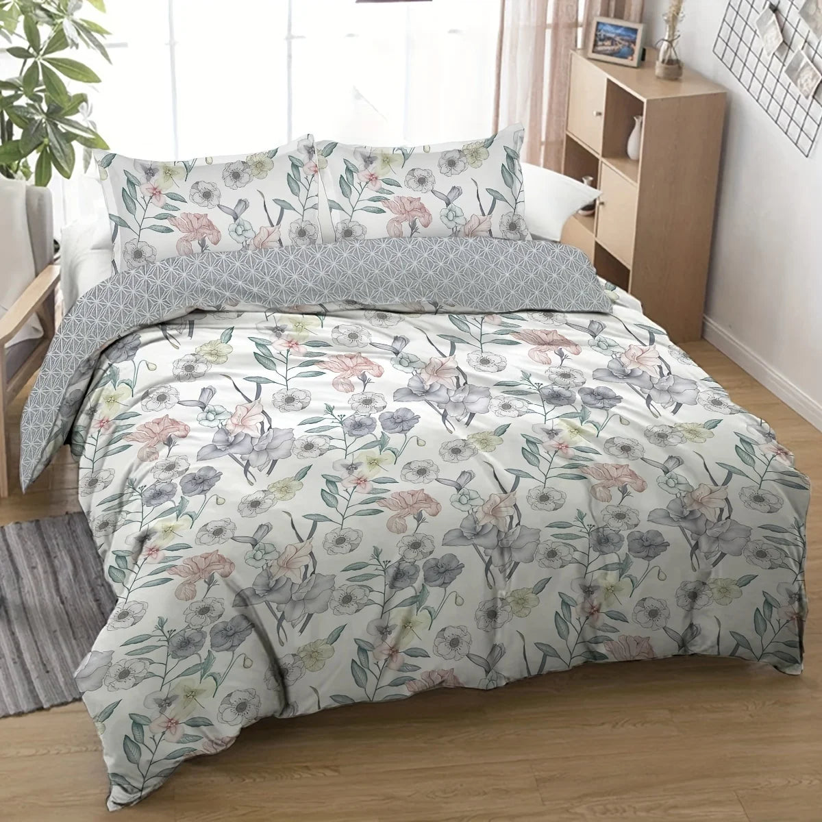 ensemble literie floral moderne housse couette taies d'oreiller imprimé fleurs blanc gris rose vert