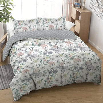 ensemble literie floral moderne housse couette taies d'oreiller imprimé fleurs blanc gris rose vert