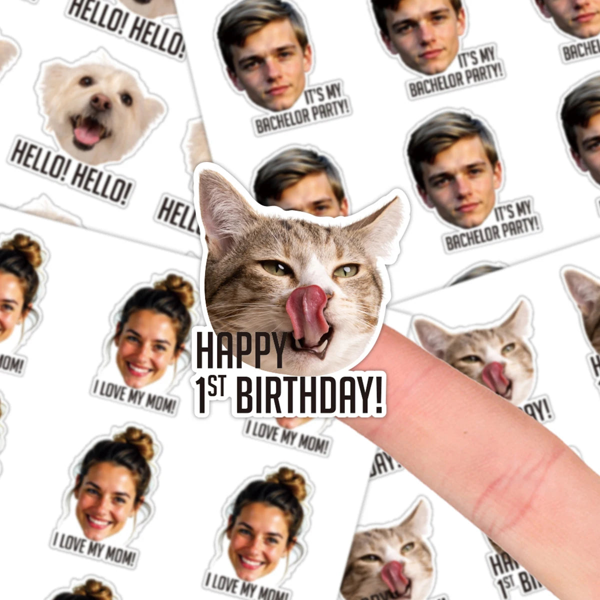 stickers personnalisables adhésifs blanc multicolore visages personnes chat textes moderne opacité unique