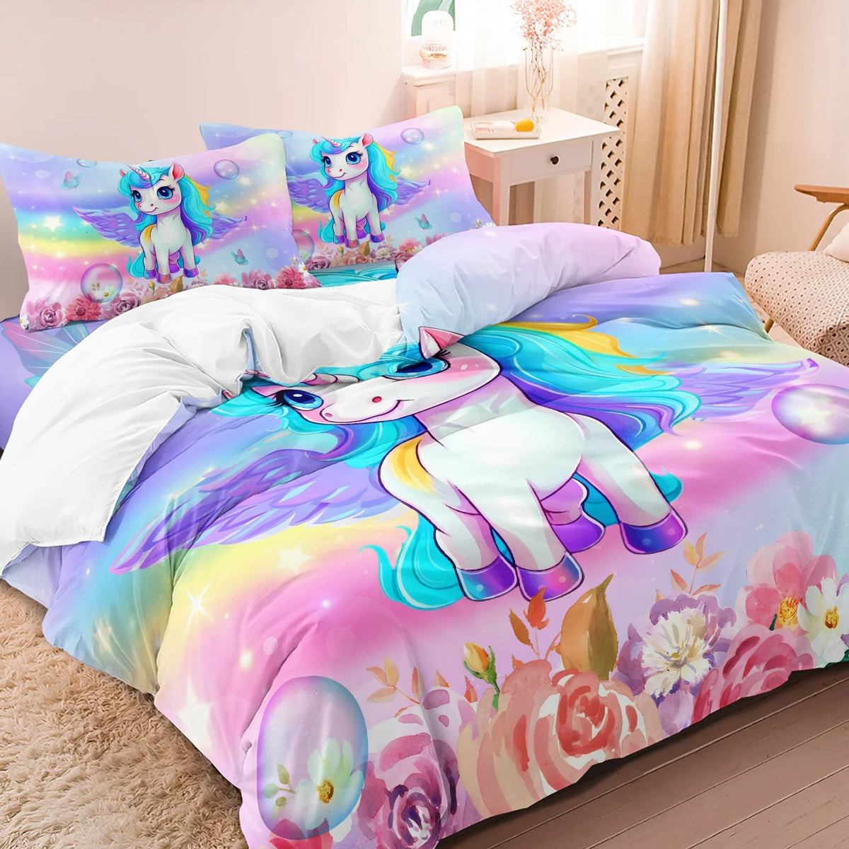 housse couette licorne arc ciel moderne enfant 100 polyester 200x200cm 229x229cm 264x225cm
