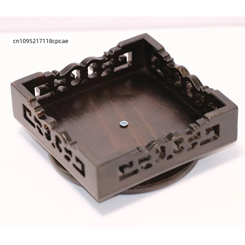 support rotatif bois artisanal traditionnel chinois texture naturelle gravures décoratives marron foncé vase figurine