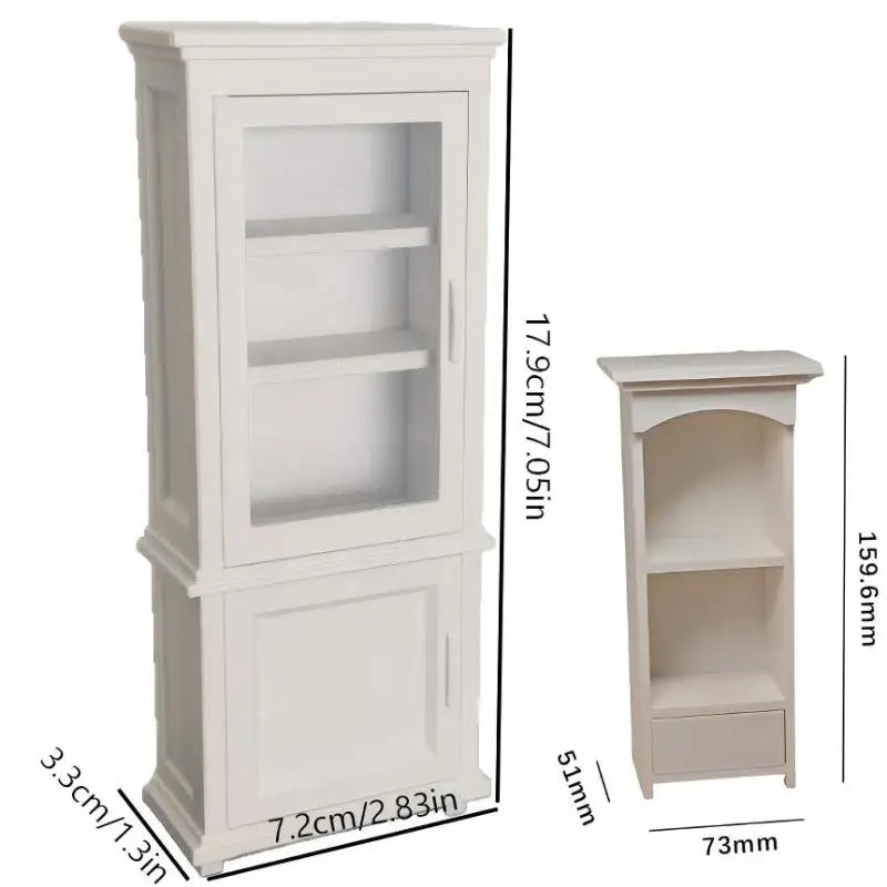 meuble miniature blanc classique maison poupée bibliothèque armoire porte transparente tiroir horloge livresDecoration intérieure
