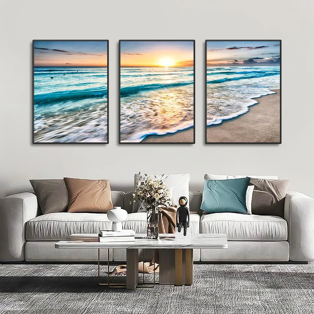 tableaux murals moderne paysagers plage couchersoleil vague sable ciel bleu blanc beige gris orange