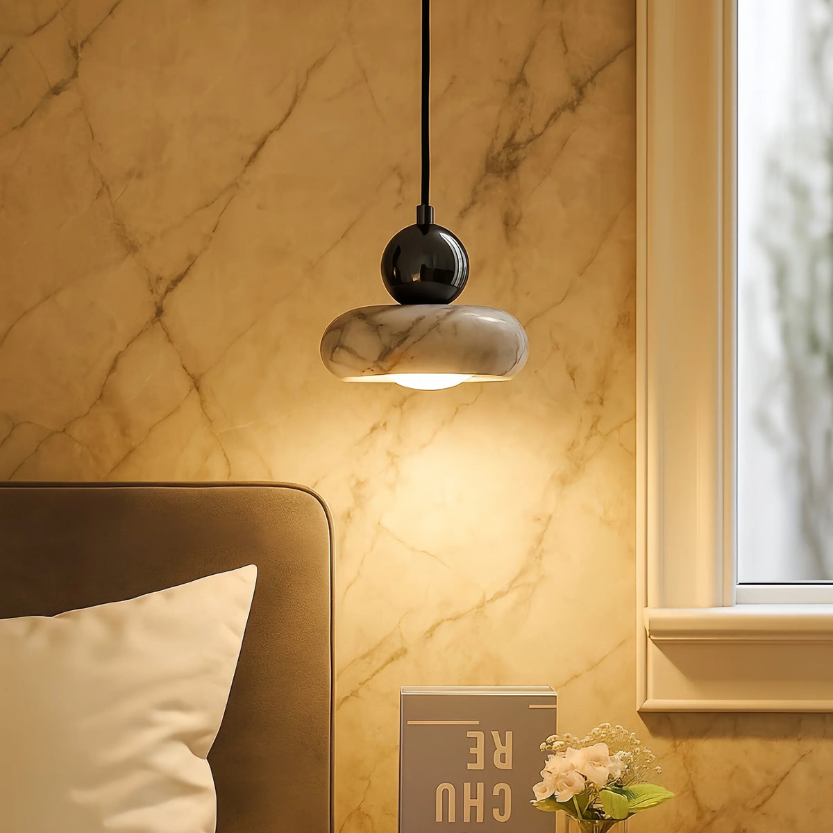 lampe suspendue moderne marbre noir blanc gris marron clair cordon ajustable chambre salon restaurant