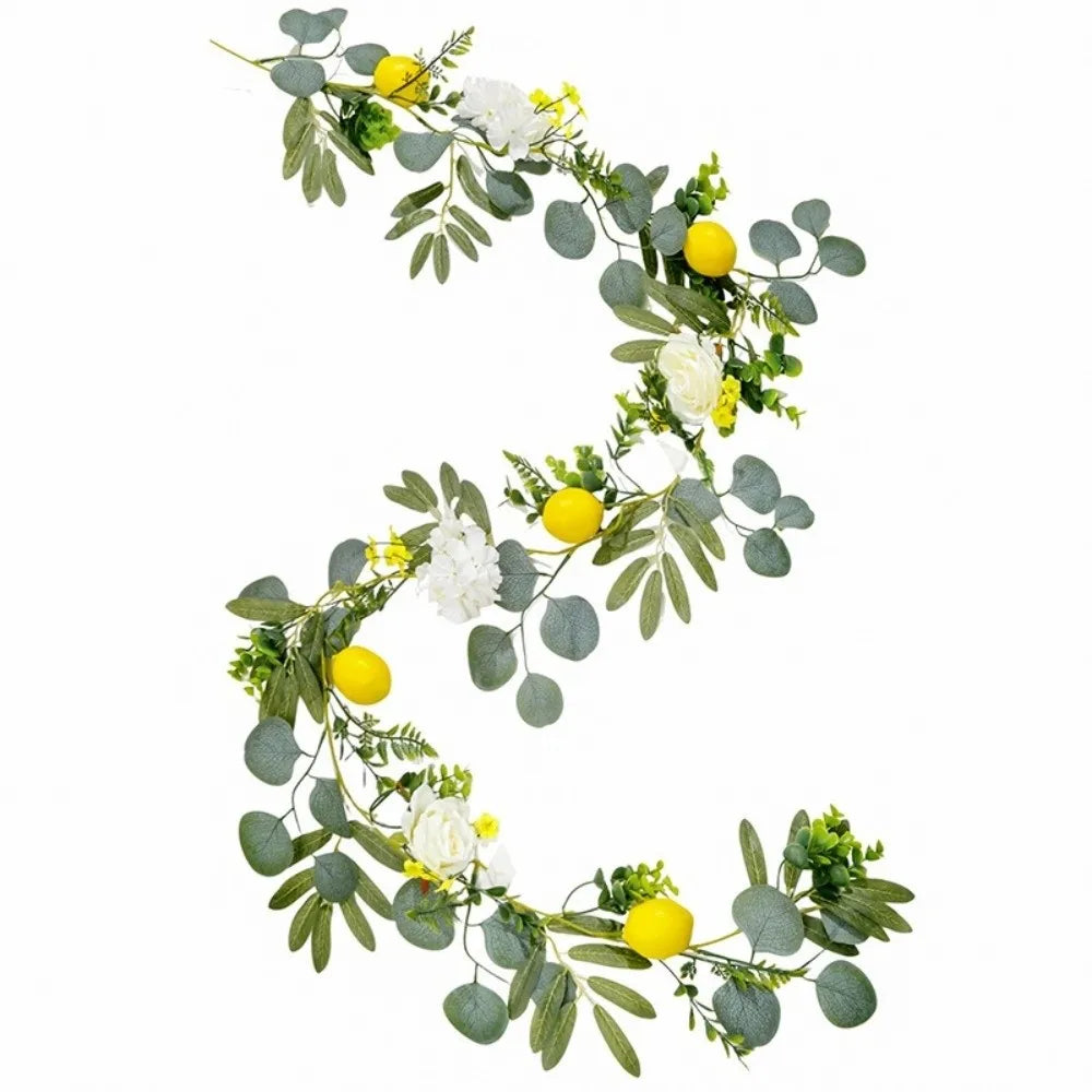 guirlande florale artificielle feuilles eucalyptus fleurs blanches citrons artificiels naturel rustiqueintérieur décoration vert blanc