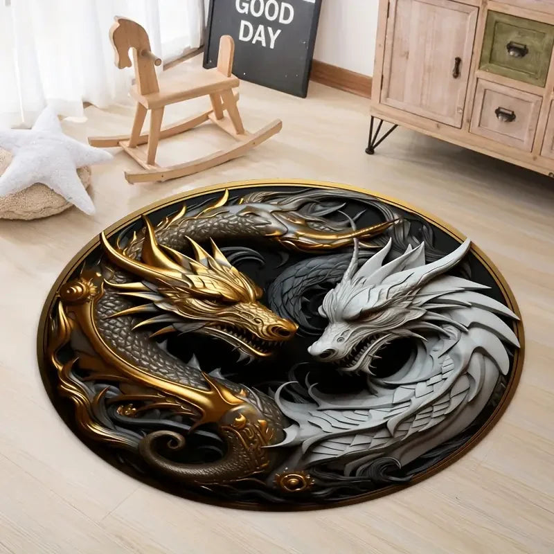 tapis rond chevaux yin yang noir blanc moderne salon chambre décoration polyester