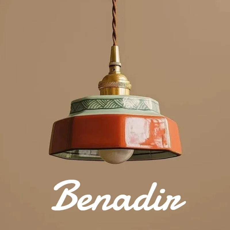 lampe suspendue vintage céramique motif géométrique orange vert blanc