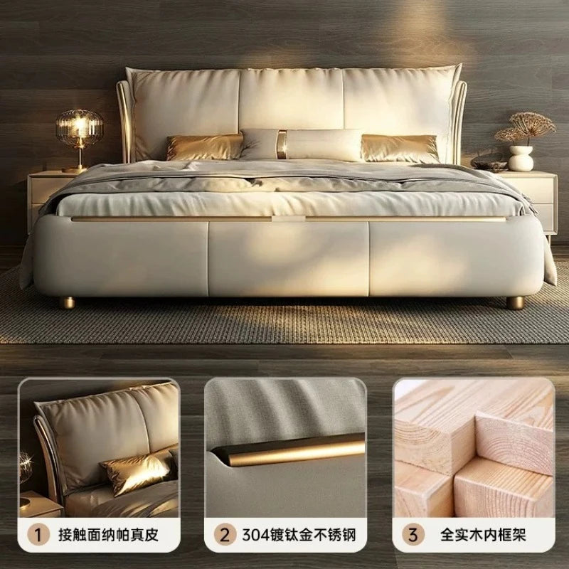 lit double coffre intégré moderne minimaliste tissu mat bois texturé touches dorées pieds métal