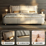 lit double coffre intégré moderne minimaliste tissu mat bois texturé touches dorées pieds métal