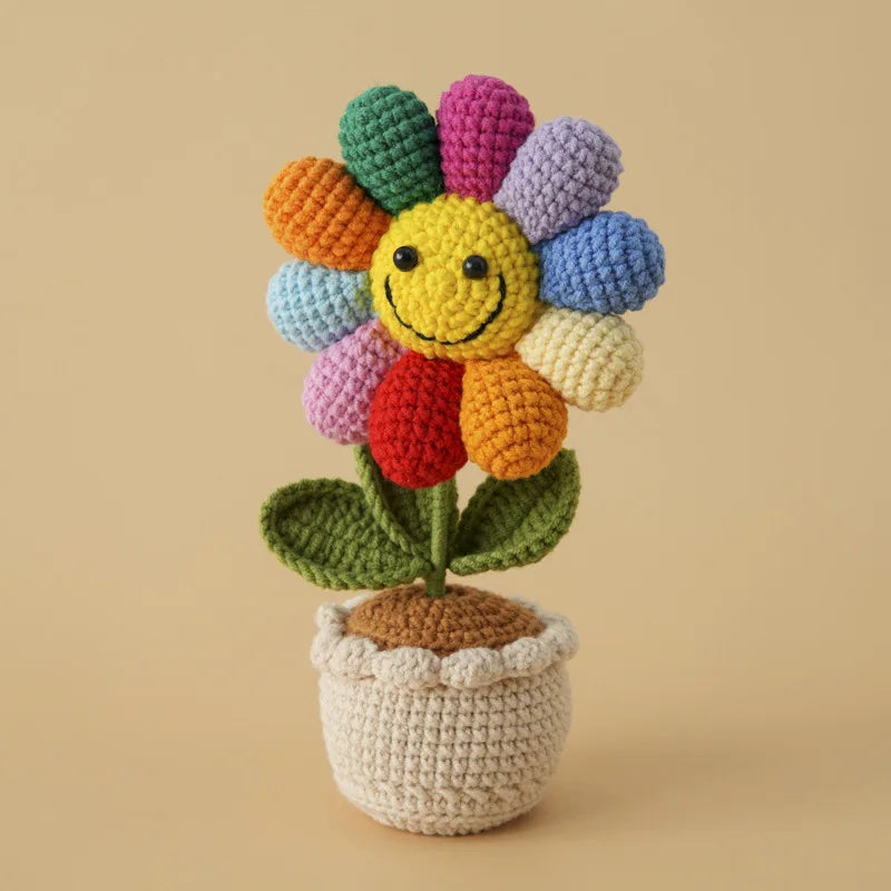 fleurs tricotées multicolores pot décoration intérieure artisanale célébration anniversaire diplôme