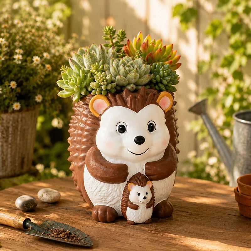 pots fleurs décoration hibou hérisson succulentes plante verte résine texturée épines plumes piquantes gravéesextérieurintérieur