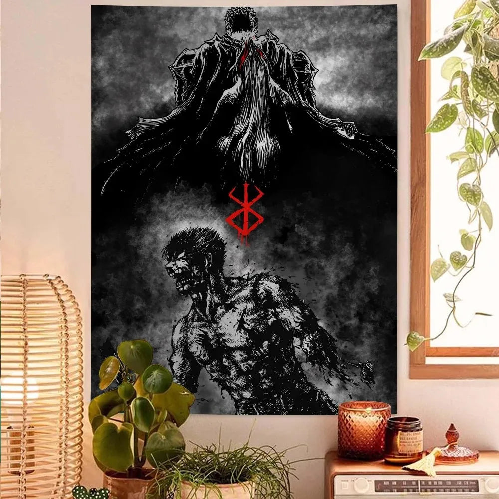 affiche murale art japonais anime berserk décor chambre salon cadre noir blanc rouge