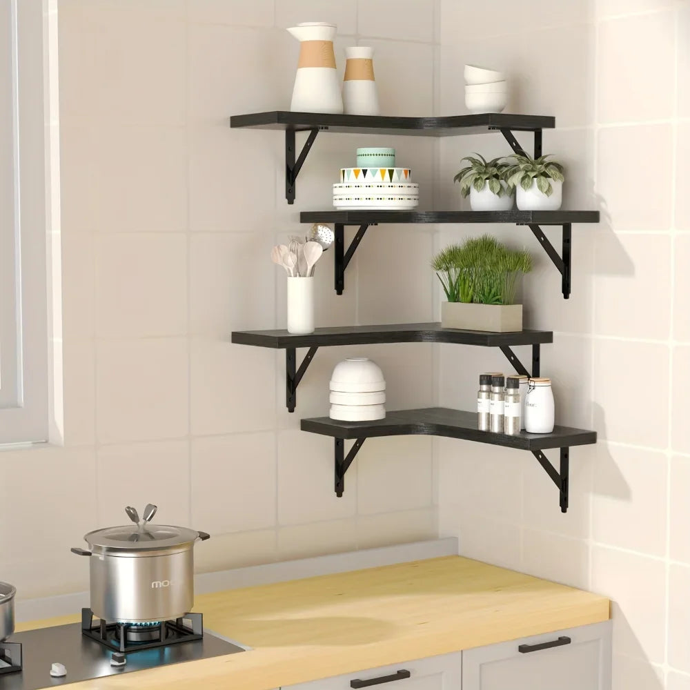 étagère d'angle bois texturé noir supports métalliques fixation mur moderne rustic decoration