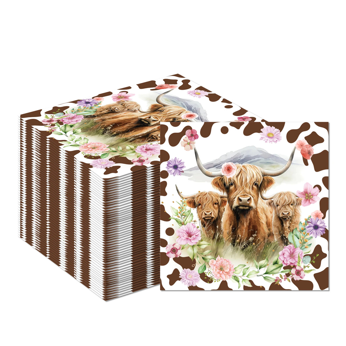 serviettes papier motif vache marron blanc rose violet vert anniversaire rustic floral