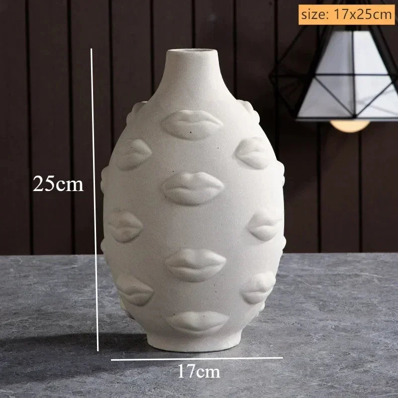 Vase céramique moderne vase table blanc visage sculpté lèvres sculptées art déco