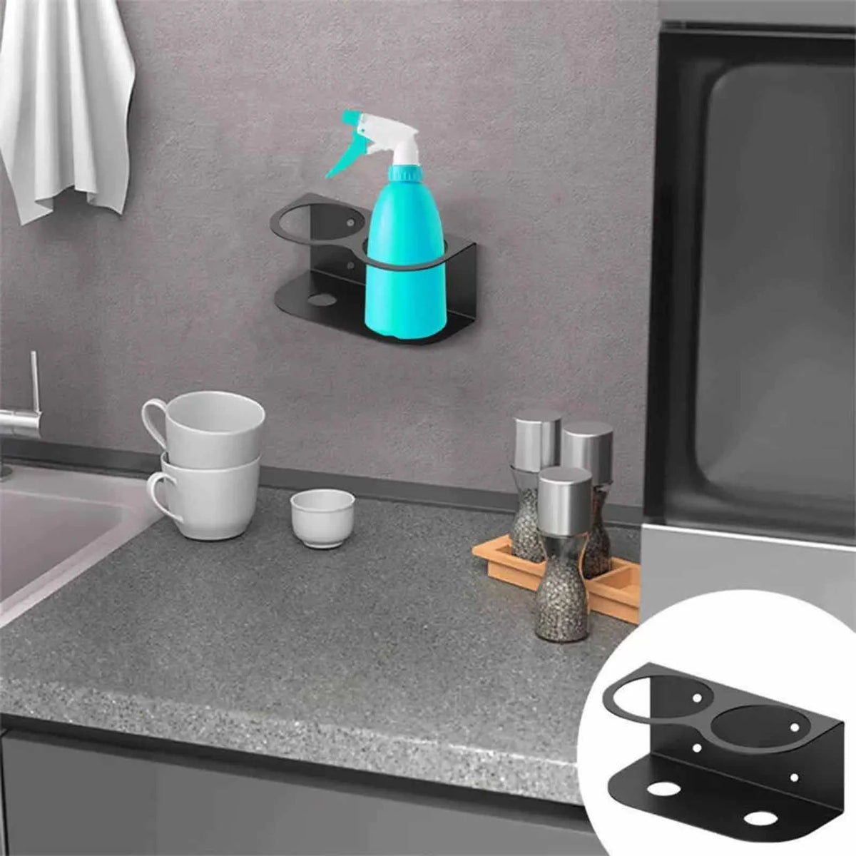 organisateur mural noir trois trous bouteilles sprays support rangement moderne minimaliste fixations vis métal