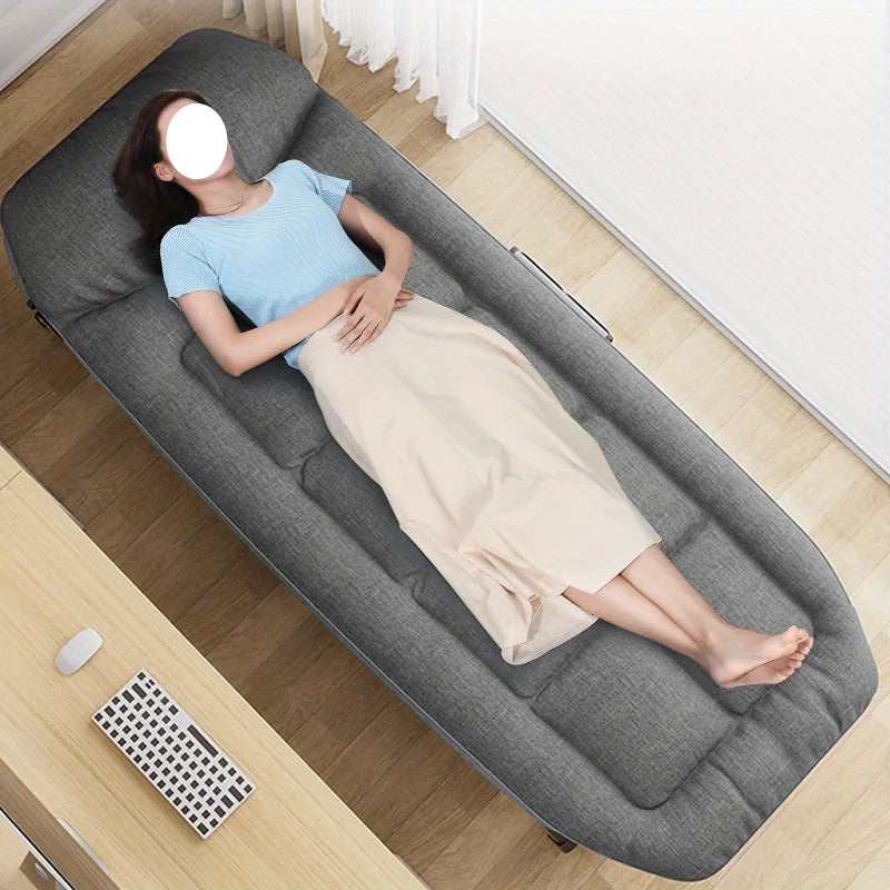 lit pliant moderne chaise longue grise tissu texturé structure métallique pliante coussins géométriques sacoche