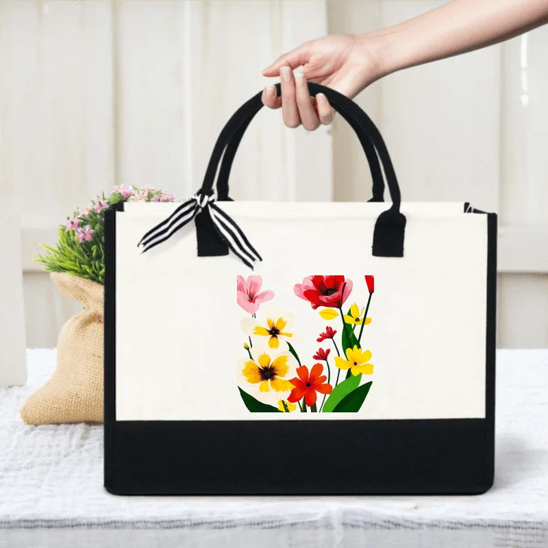 sac main toile fleurs colorées moderne beige noir respectueux environnementversible quotidien