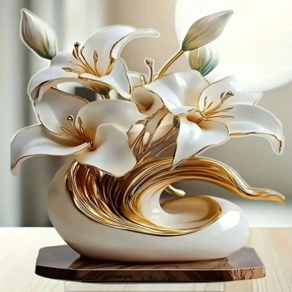 vase decoratif moderne fleur blanche taches dorées feuilles vertes beige deco salon