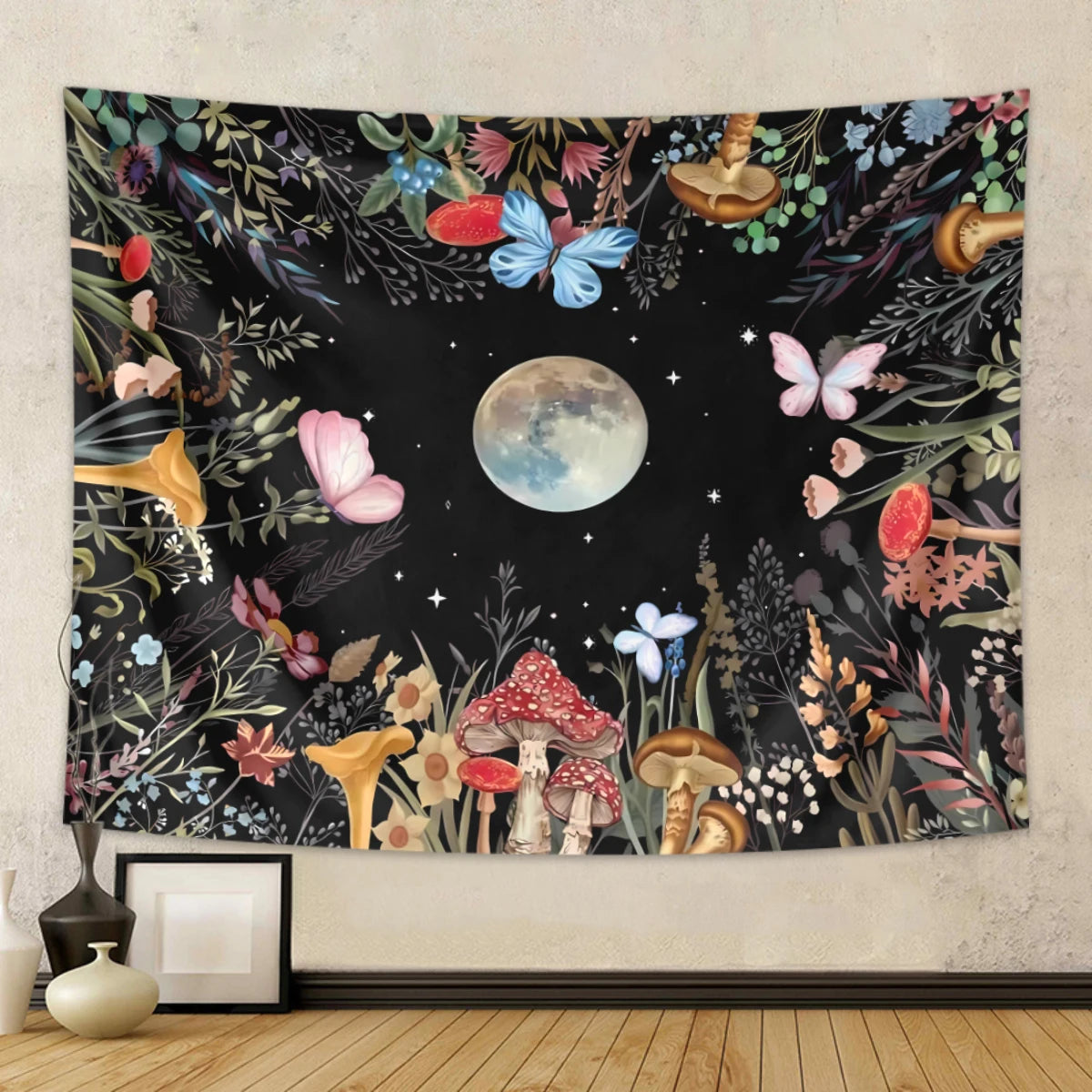 tapisserie polyester floral lunaire papillons champignons étoiles feuilles clips romantique fantaisie naturel