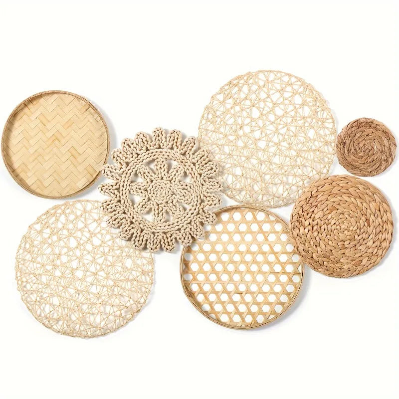 assiettes rotin boho chic naturel assiettes tissées géométriques anneaux intégrés décoration murale rustique