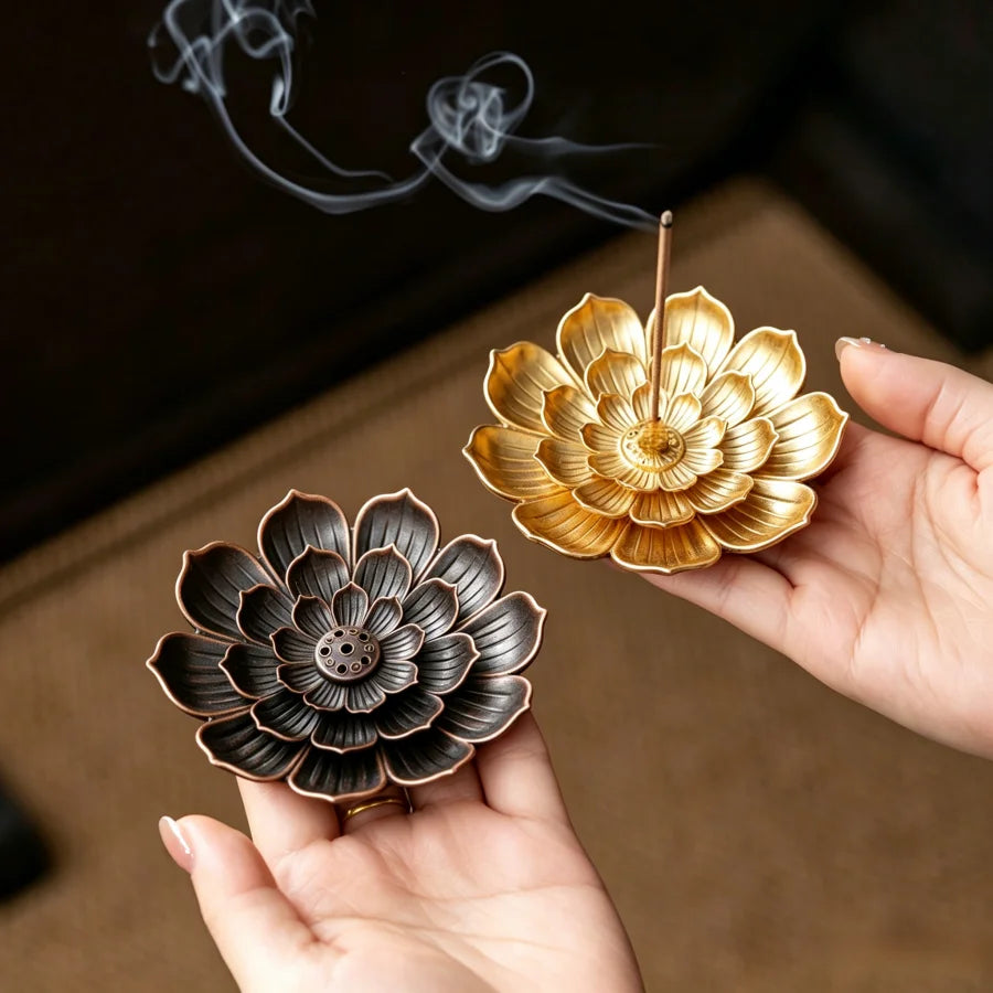 support incense lotus métal noir bronze doré décoration zen floral aromathérapie