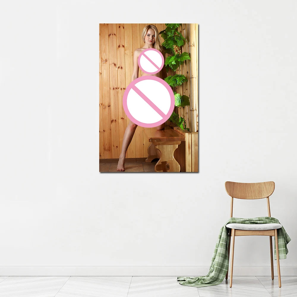 Toile d'art moderne personnage nu végétation 30x45cm blanc bois naturel