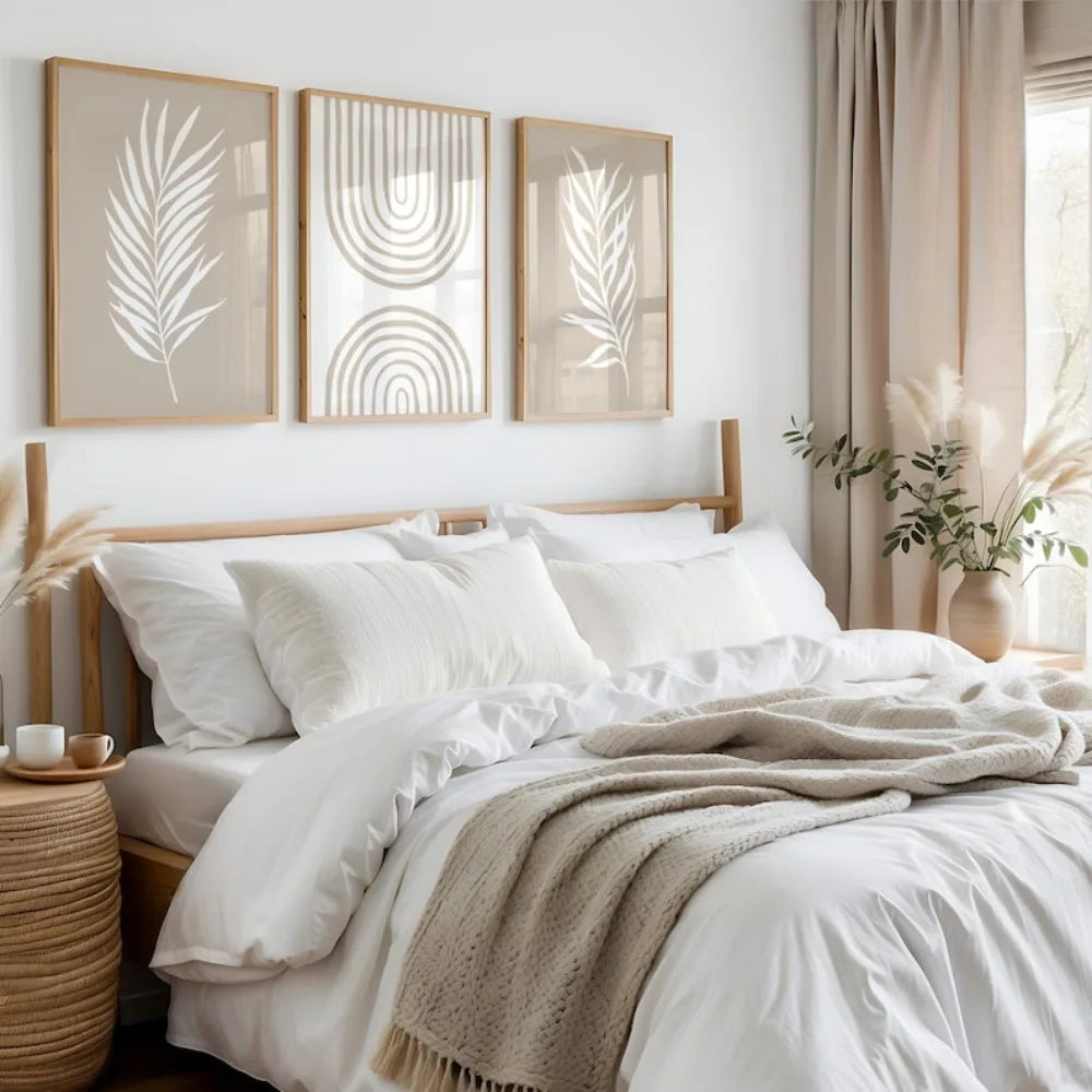 toile d'art minimaliste feuilles palmier motifs géométriques beige clair blanc sans cadre chambre salon