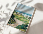 tableau paysage marin dunes vagues plante verte bleu beige blanc peinture huile cadre bois