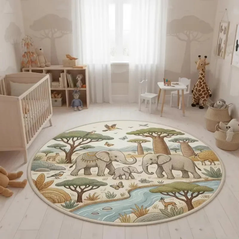 tapis rond patchwork motif lion jungle décoratif doux antidérapant enfant salon chambre intérieur beige