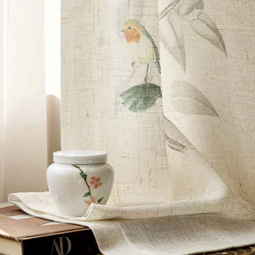 rideau fleur feuilles oiseaux beige translucide chinois moderne fenêtre française