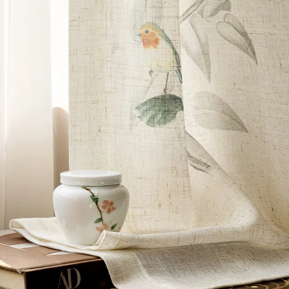 rideau fleur feuilles oiseaux beige translucide chinois moderne fenêtre française