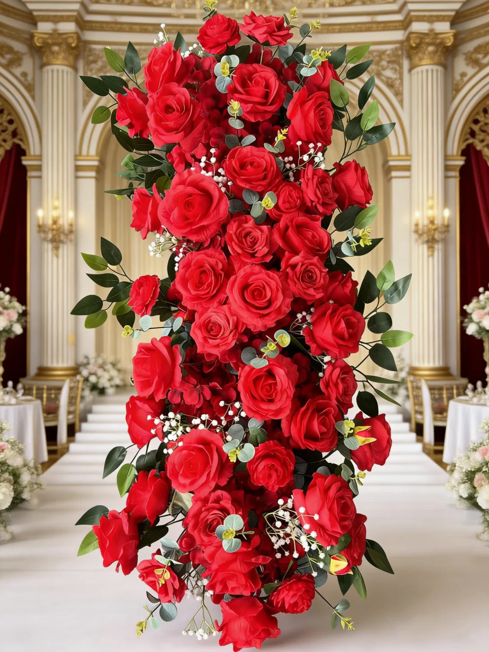 décoration mariage rideau floral cascade roses baby's breathintérieur romantique élégant