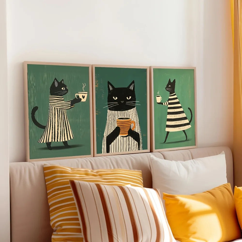 tableau impression toile chats robes rayées motifs géométriques moderne illustration verte noire