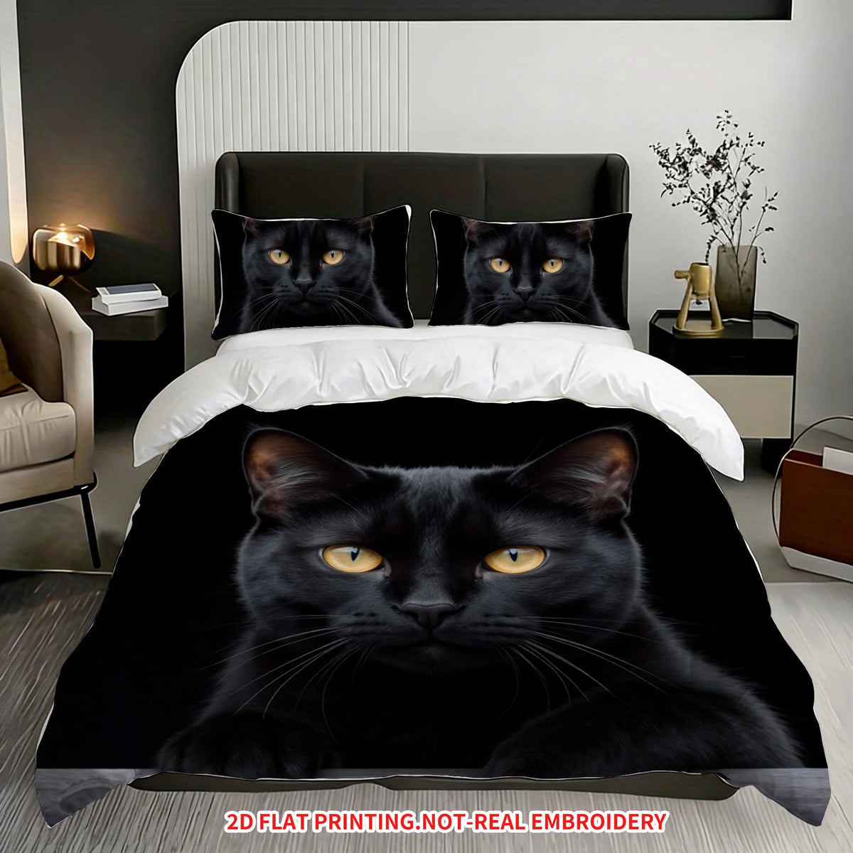 ensemble literie moderne couvre lit taies oreillers imprimé chat noir polyester coton lavable machine