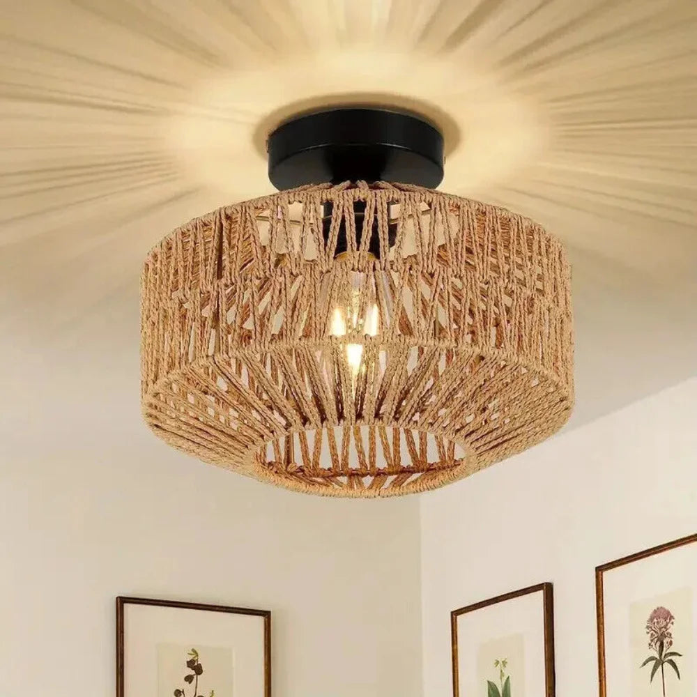 lampe moderne rustique tissage paille motif géométrique noir beige naturel fixée tringle
