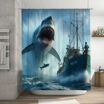 Image d'élégants rideaux de couleur bleu océan inspirés de la biologie marine, avec un design de poissons, de requins mackerels, de requins blancs, et de poissons cartilagineux. Le motif délicat évoque les requins de fond, les ailerons et le monde sous-marin, ajoutant une touche unique à la décoration de votre intérieur.