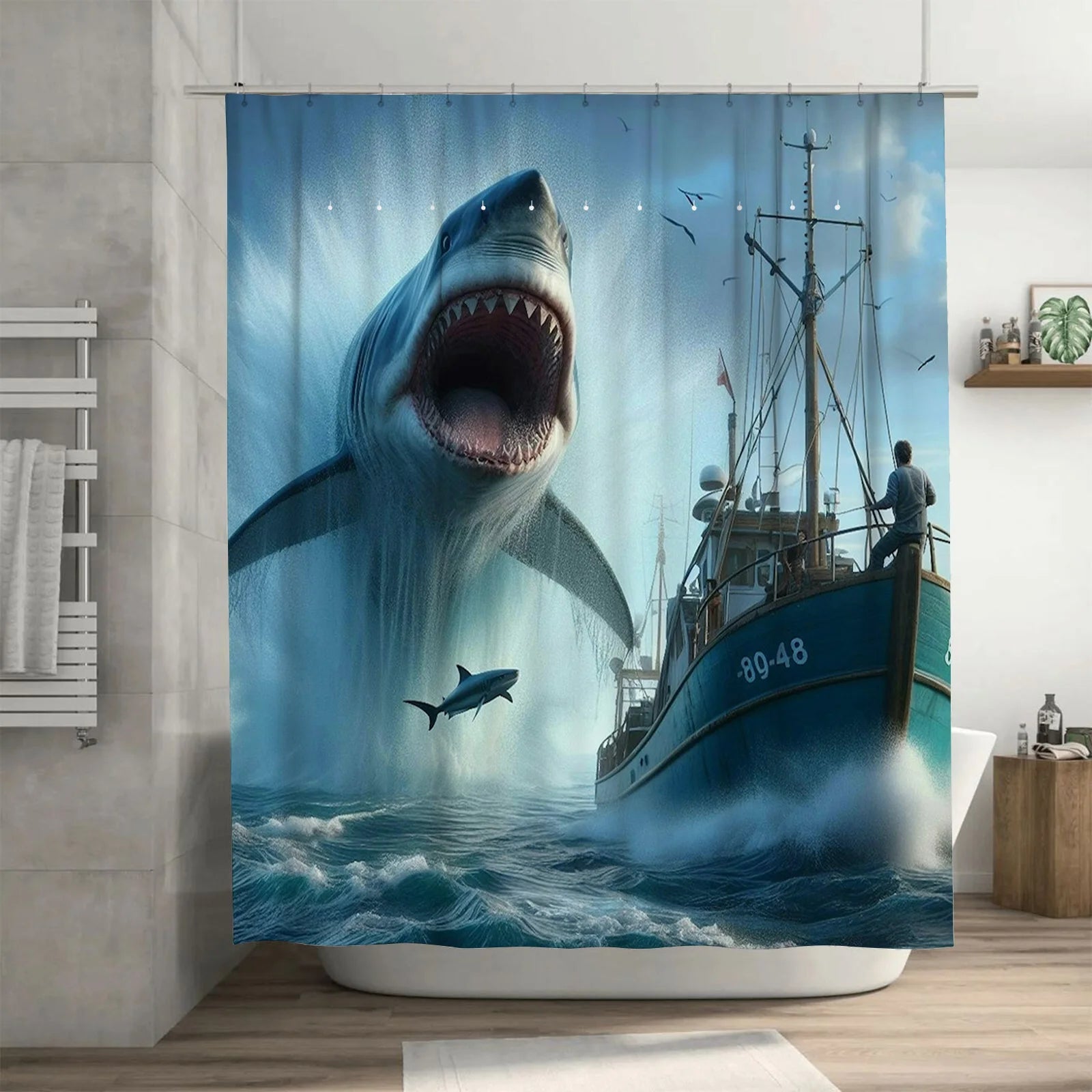 Image d'élégants rideaux de couleur bleu océan inspirés de la biologie marine, avec un design de poissons, de requins mackerels, de requins blancs, et de poissons cartilagineux. Le motif délicat évoque les requins de fond, les ailerons et le monde sous-marin, ajoutant une touche unique à la décoration de votre intérieur.