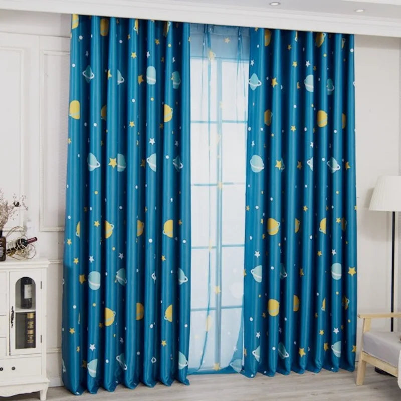 rideau planètes bleu étoiles moderne opacité ruban fixation chambre enfant bleu jaune blanc