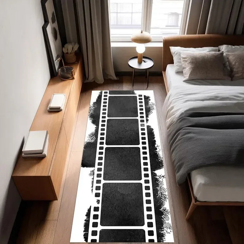 tapis moderne billets cinéma rouge beige noir blanc décoratif chambre salon polyester