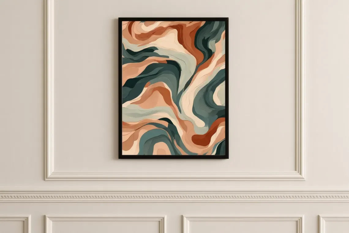 tableau abstrait ondulé orange vert beige noir moderne impression toile rectangle vertical chambre salon