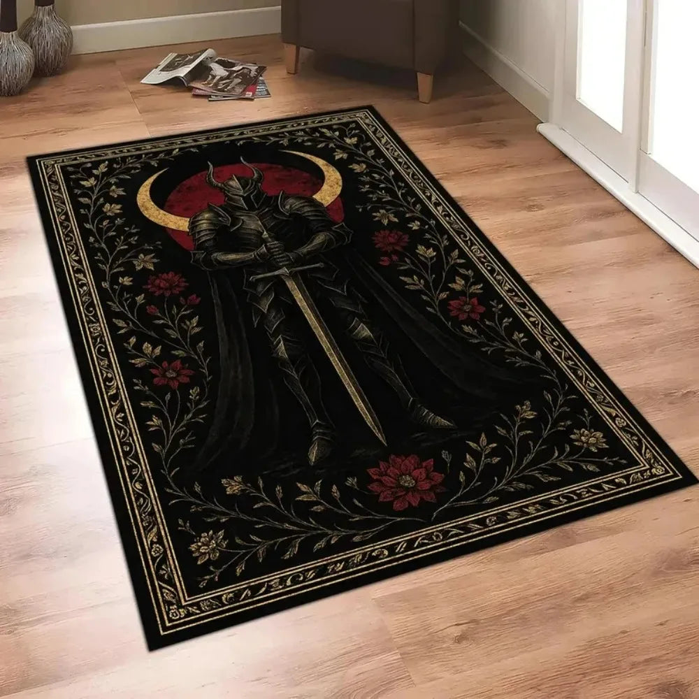tapis médiéval dragon chevalier décoratif salon chambre motif classique rétro fleurs vert rouge noir
