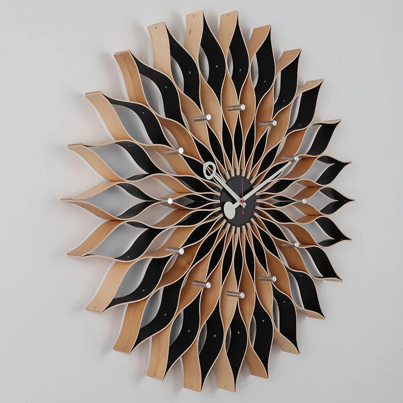 horloge murale moderne motif floral aiguilles métal couleur bois salon chambre