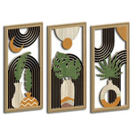 tableaux abstraits modernes bois noir blanc vert feuilles demi lunes dorées minimaliste
